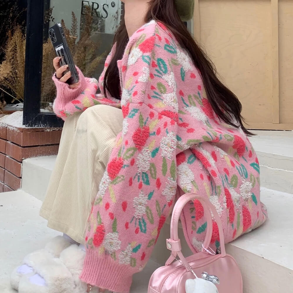 PASTEL PINK SEQUIN FLORAL TEXTURED KNIT CARDIGAN