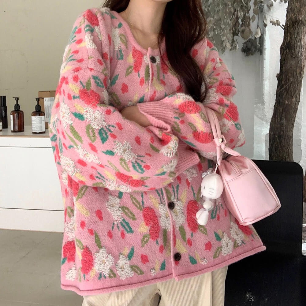 PASTEL PINK SEQUIN FLORAL TEXTURED KNIT CARDIGAN