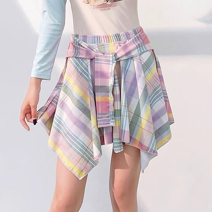PASTEL PLAID SKIRT SOFT GIRL AESTHETIC TIE WAIST