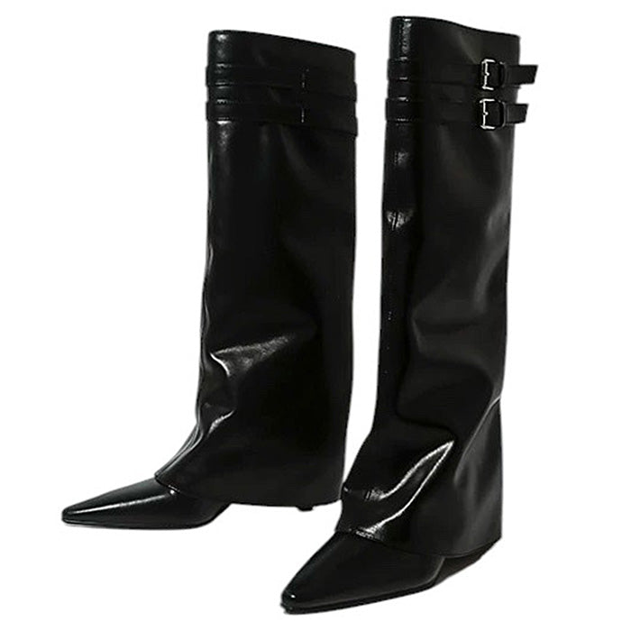 PATENT KNEE-HIGH BOOTS DOUBLE BUCKLE KNEE-HIGH BOOTS