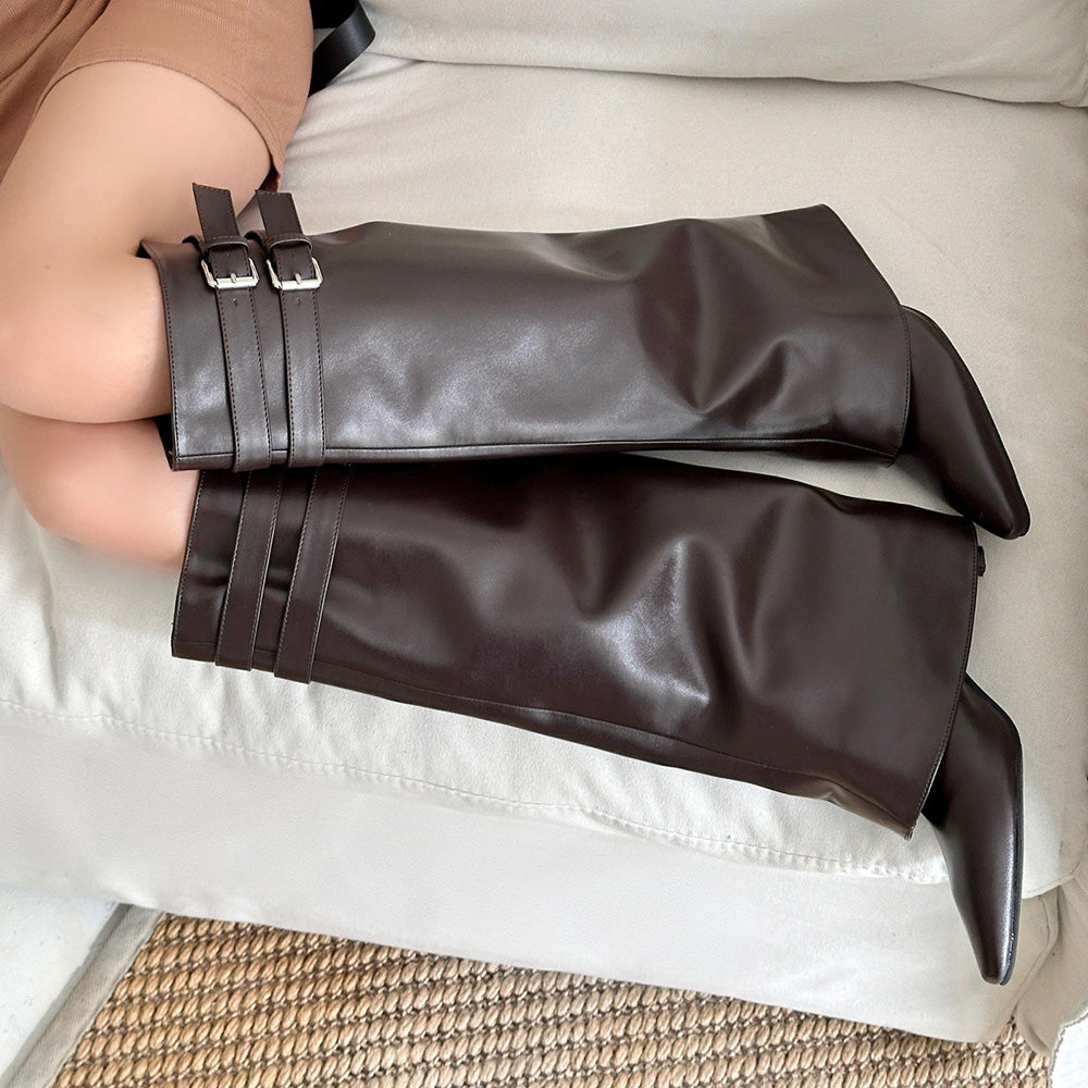 PATENT KNEE-HIGH BOOTS DOUBLE BUCKLE KNEE-HIGH BOOTS
