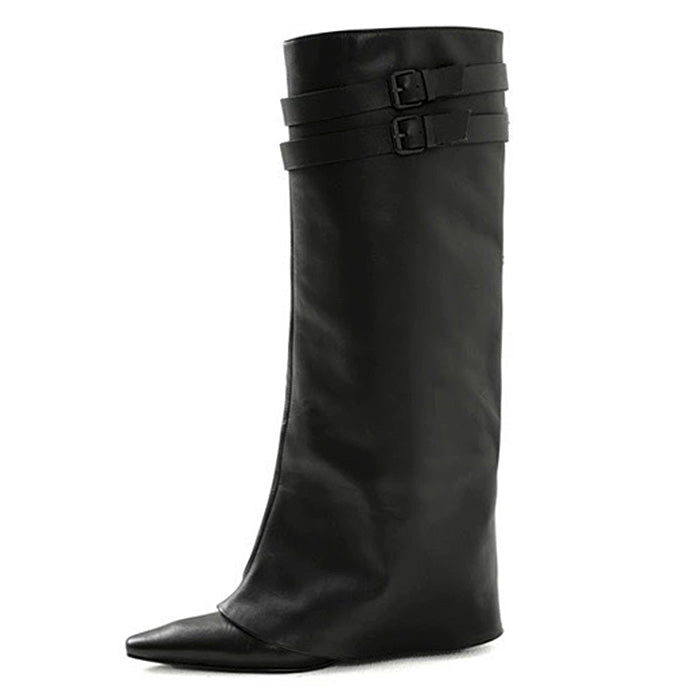 PATENT KNEE-HIGH BOOTS DOUBLE BUCKLE KNEE-HIGH BOOTS