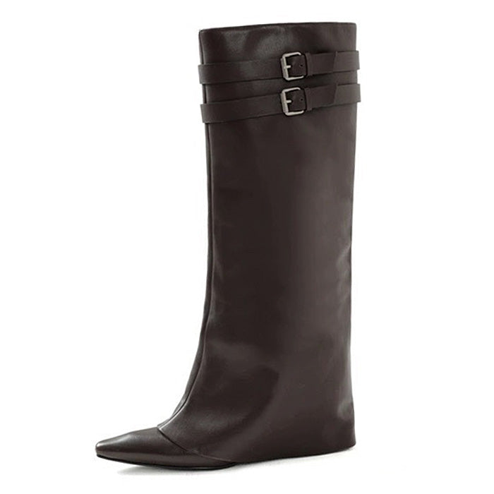 PATENT KNEE-HIGH BOOTS DOUBLE BUCKLE KNEE-HIGH BOOTS