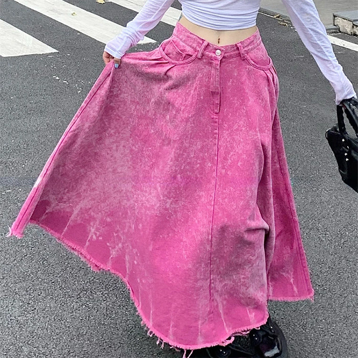 PINK ACID-WASH DENIM SKIRT WITH BUTTON CLOSURE FOR WOMEN