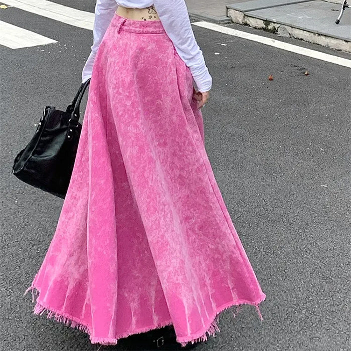 PINK ACID-WASH DENIM SKIRT WITH BUTTON CLOSURE FOR WOMEN