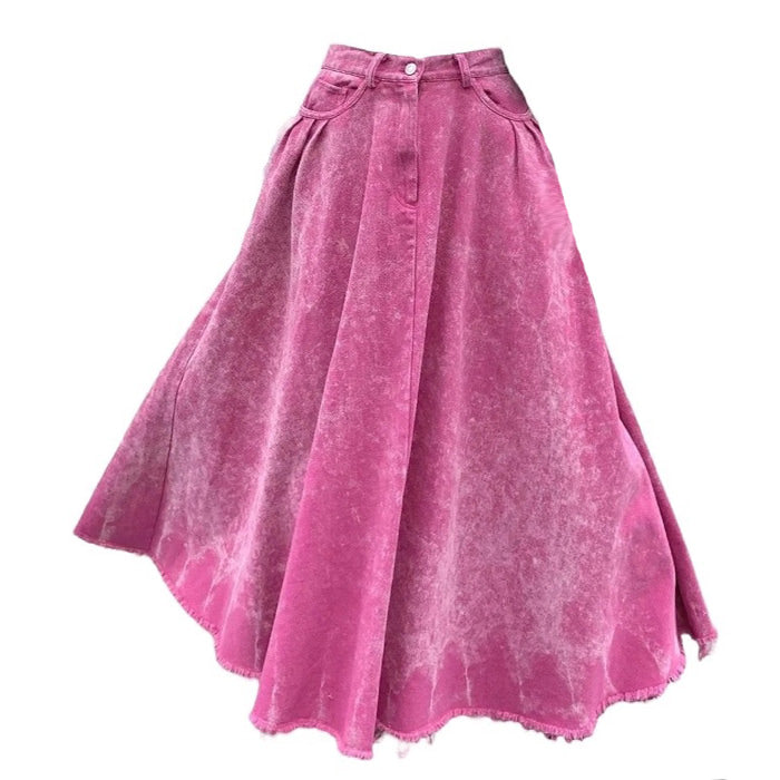 PINK ACID-WASH DENIM SKIRT WITH BUTTON CLOSURE FOR WOMEN