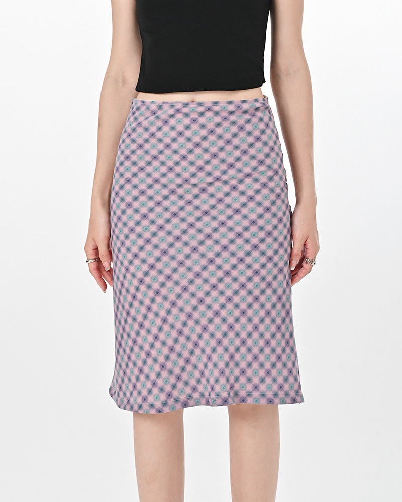 PINK AND GRAY PLAID MIDI SKIRT FOR CASUAL WEAR