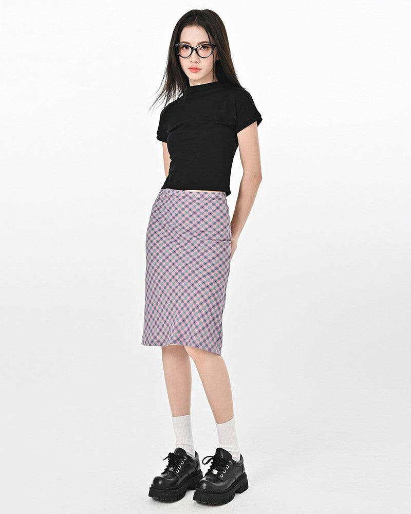 PINK AND GRAY PLAID MIDI SKIRT FOR CASUAL WEAR