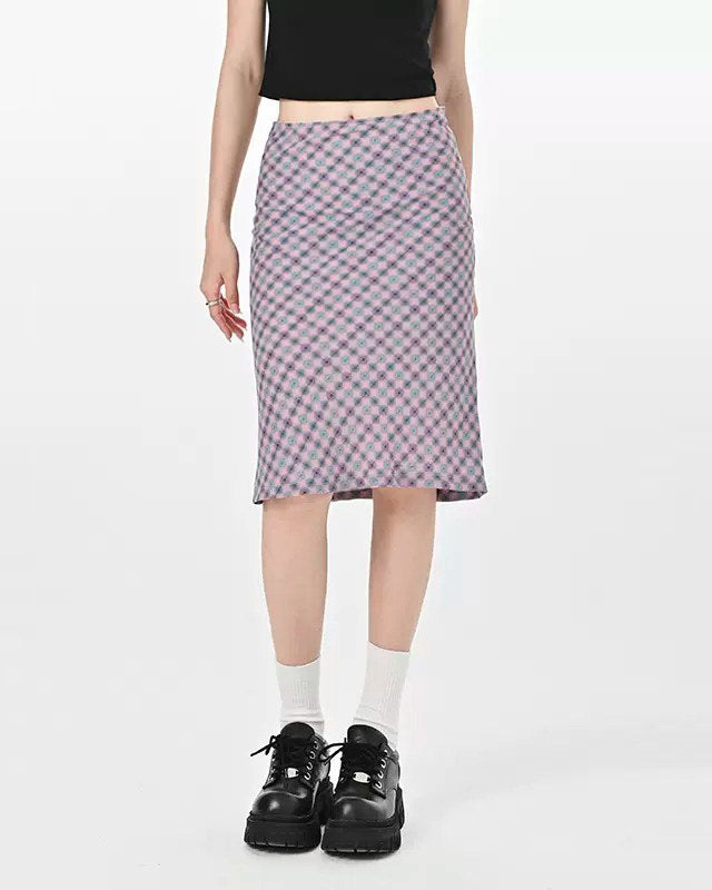 PINK AND GRAY PLAID MIDI SKIRT FOR CASUAL WEAR