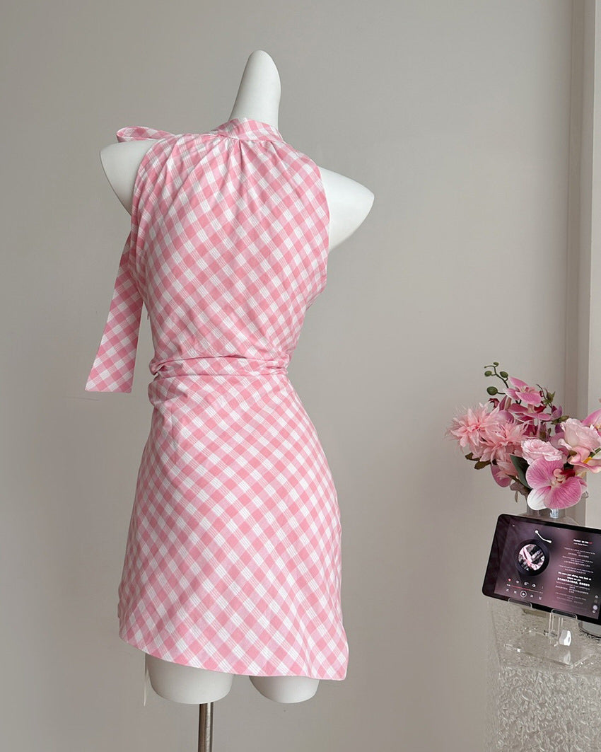 PINK AND WHITE GINGHAM HALTER DRESS FOR COTTAGECORE GINGHAM PICNIC