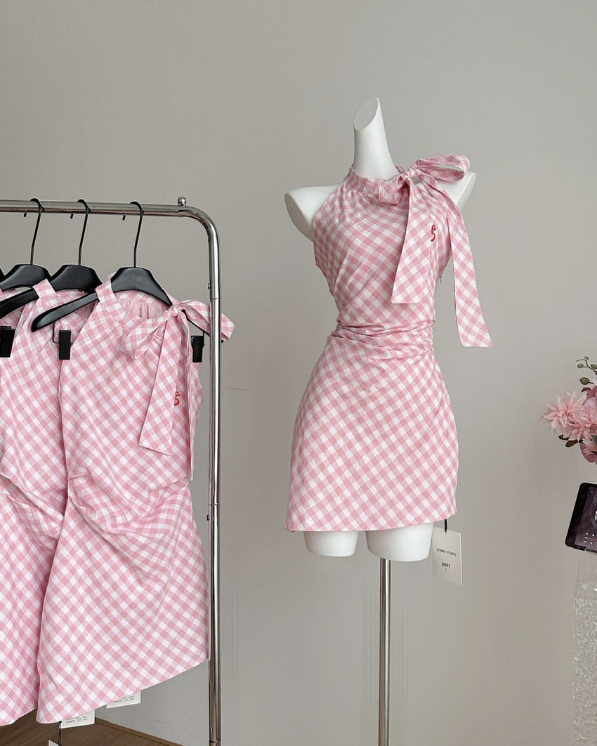 PINK AND WHITE GINGHAM HALTER DRESS FOR COTTAGECORE GINGHAM PICNIC