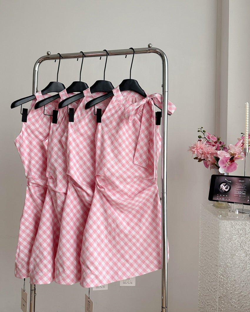 PINK AND WHITE GINGHAM HALTER DRESS FOR COTTAGECORE GINGHAM PICNIC