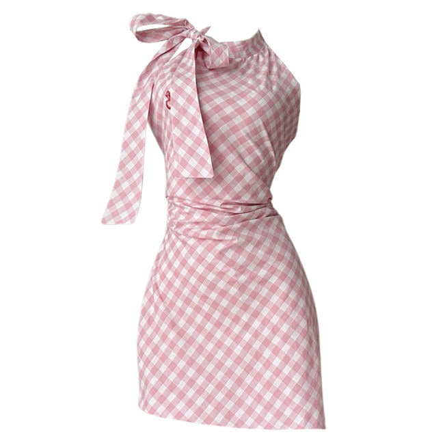 PINK AND WHITE GINGHAM HALTER DRESS FOR COTTAGECORE GINGHAM PICNIC