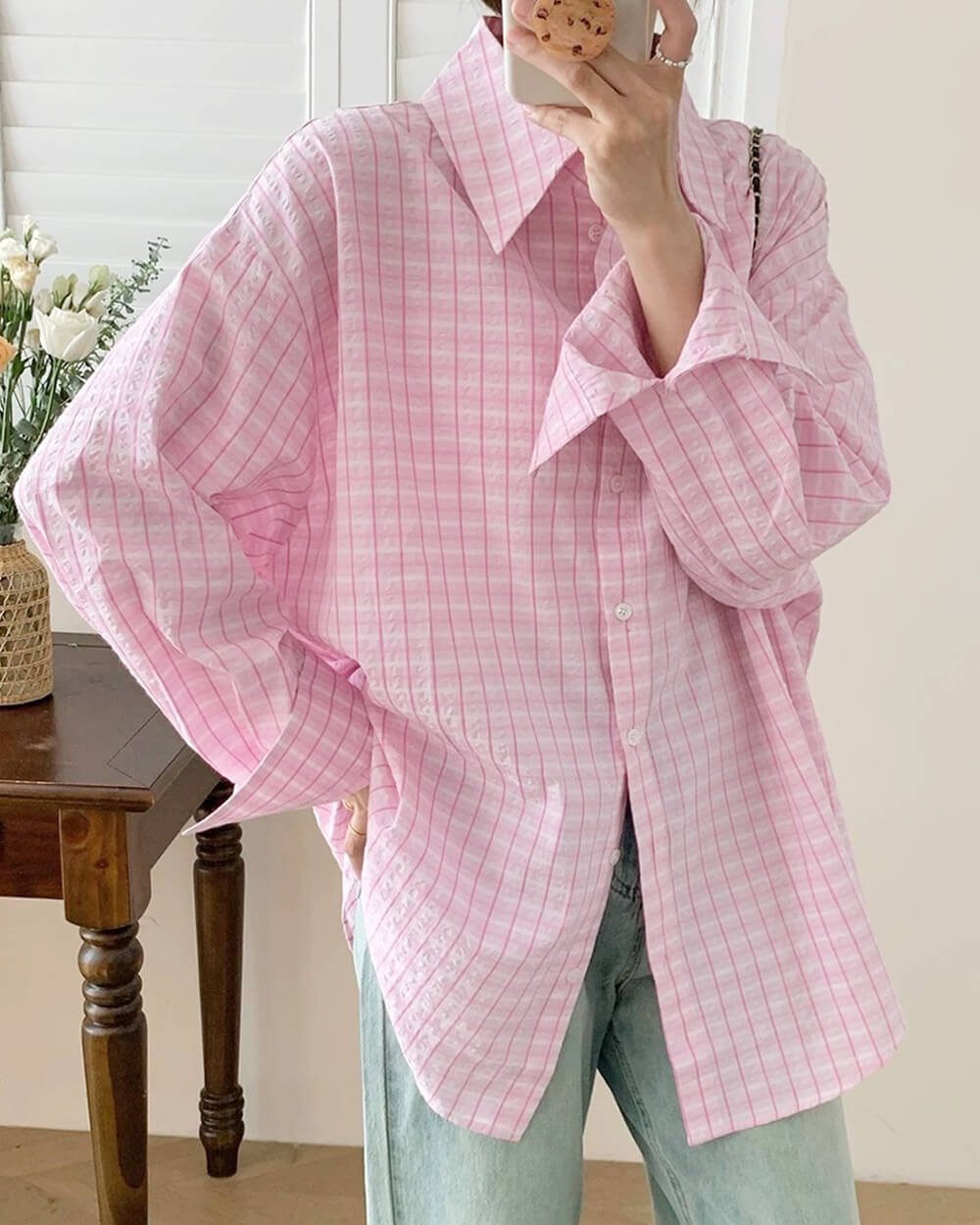 PINK AND WHITE PASTEL PLAID BUTTON-DOWN SHIRT