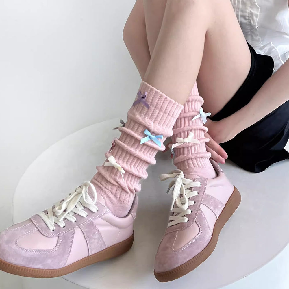 PINK BOW KNEE-HIGH SOCKS TEXTURED KNIT