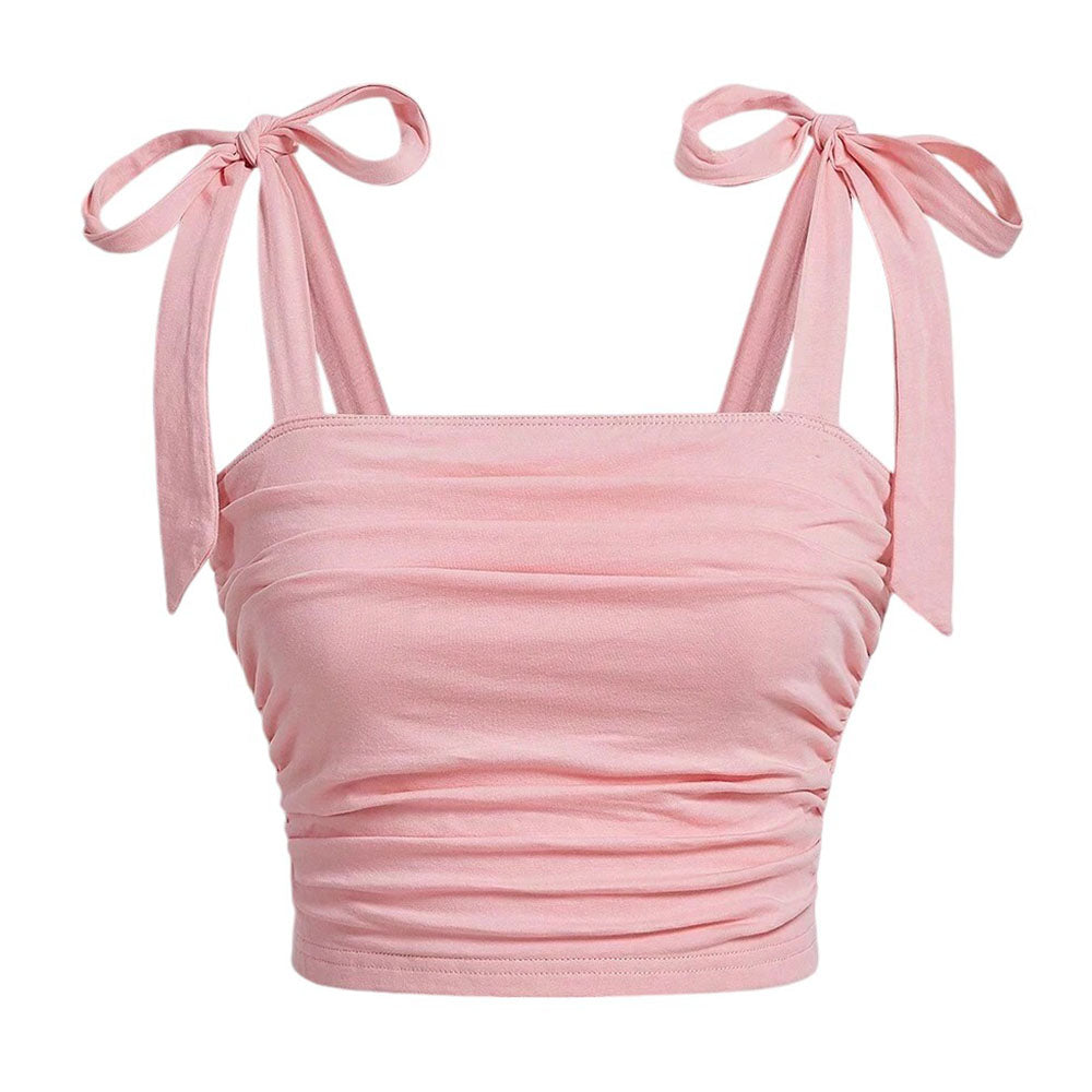 PINK BOW-TIED SHOULDER CROP TOP