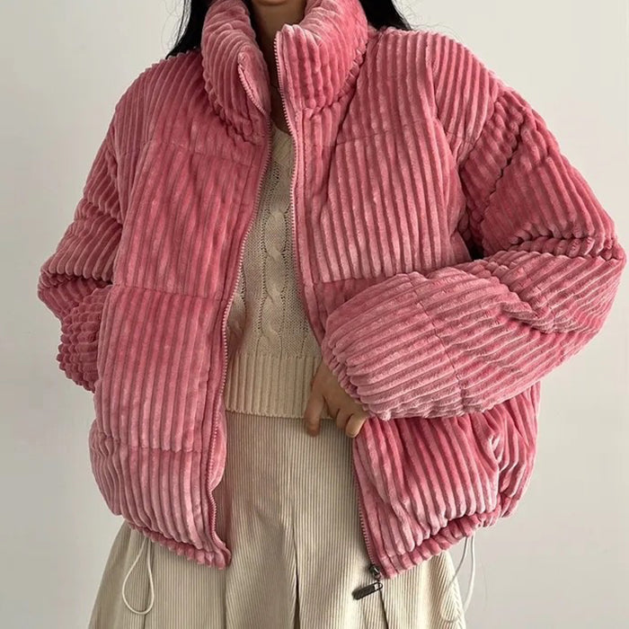 PINK CORDUROY PUFFER JACKET FOR WOMEN