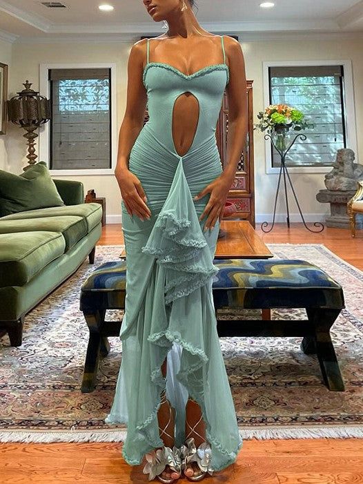 PINK CUT-OUT RUFFLED GOWN WITH IRREGULAR SLIT VINTAGE CUTOUT MAXI DRESS