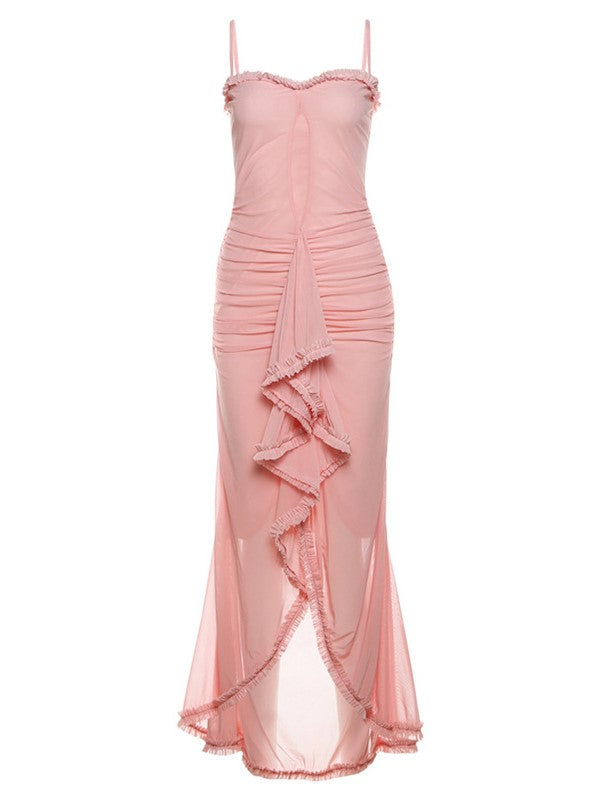 PINK CUT-OUT RUFFLED GOWN WITH IRREGULAR SLIT VINTAGE CUTOUT MAXI DRESS
