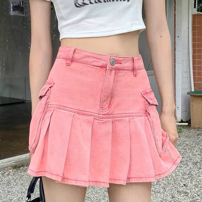PINK DENIM PLEATED MINI SKIRT WITH CARGO POCKETS