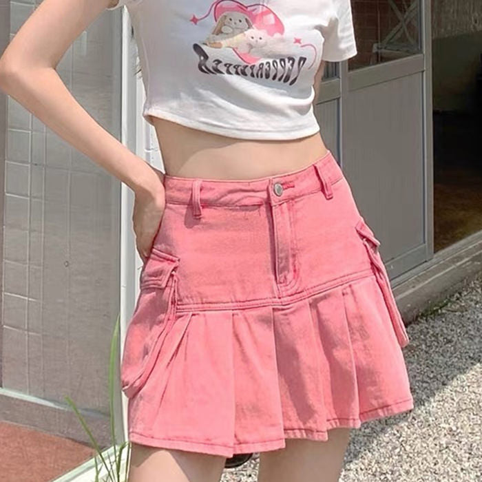 PINK DENIM PLEATED MINI SKIRT WITH CARGO POCKETS