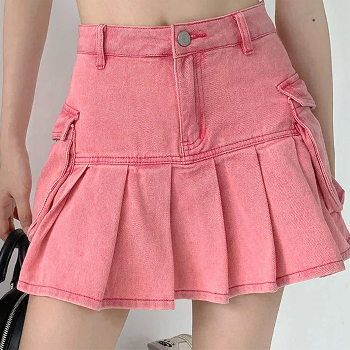 PINK DENIM PLEATED MINI SKIRT WITH CARGO POCKETS