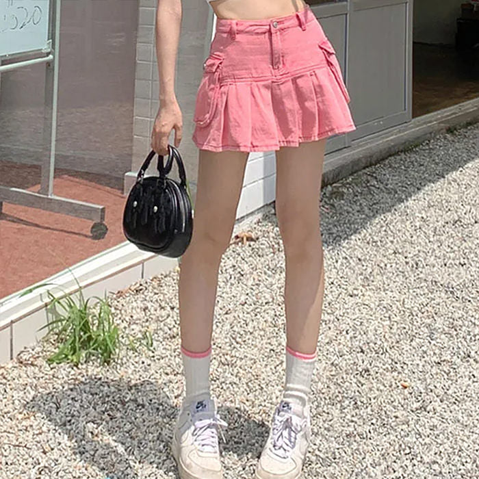 PINK DENIM PLEATED MINI SKIRT WITH CARGO POCKETS