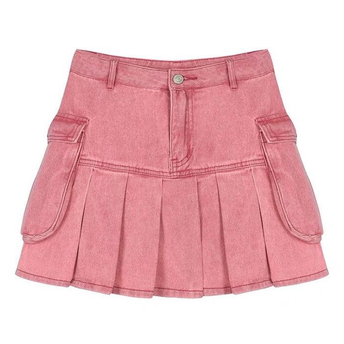 PINK DENIM PLEATED MINI SKIRT WITH CARGO POCKETS