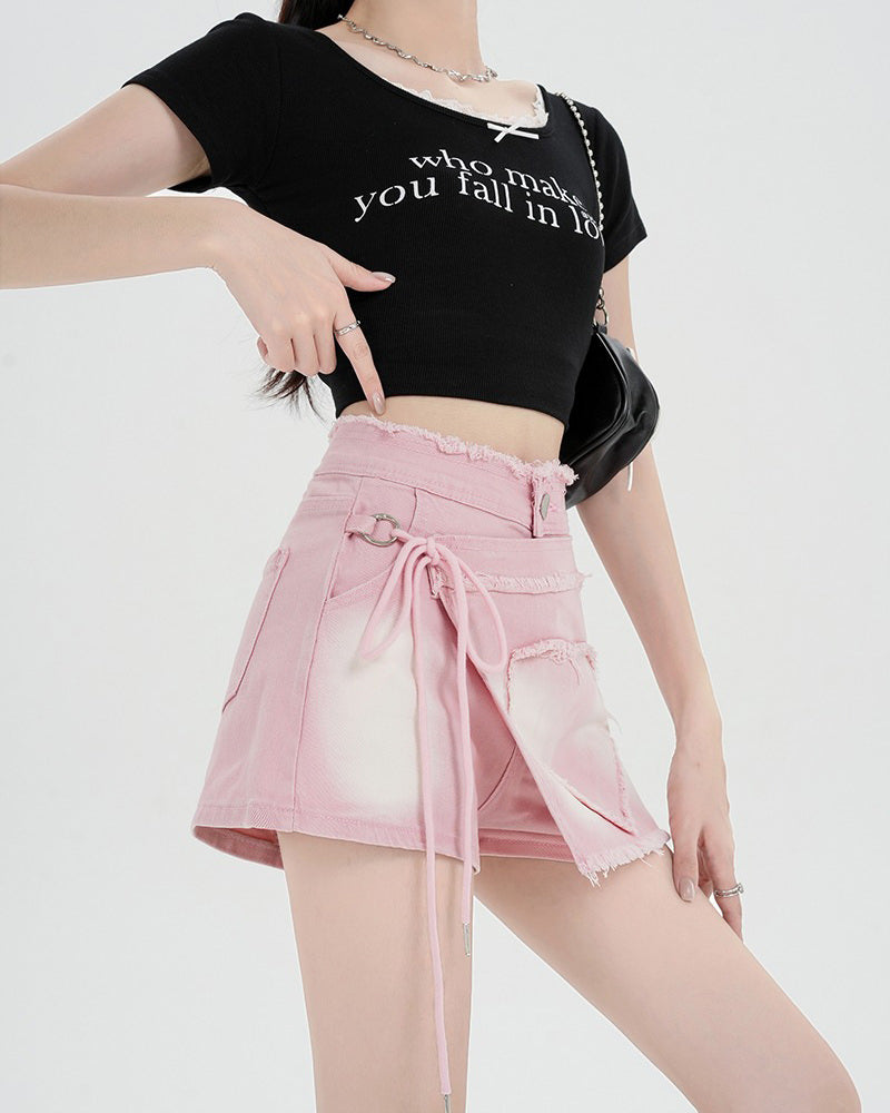 PINK DENIM WRAP MINI SKIRT WITH HEART APPLIQUÉ