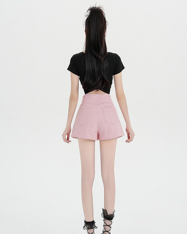 PINK DENIM WRAP MINI SKIRT WITH HEART APPLIQUÉ