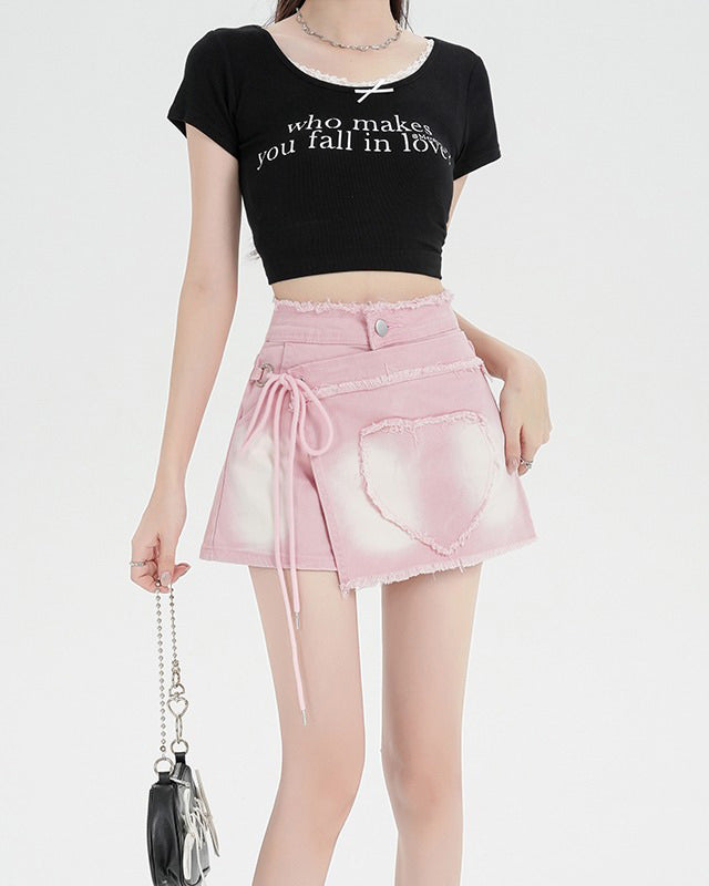PINK DENIM WRAP MINI SKIRT WITH HEART APPLIQUÉ