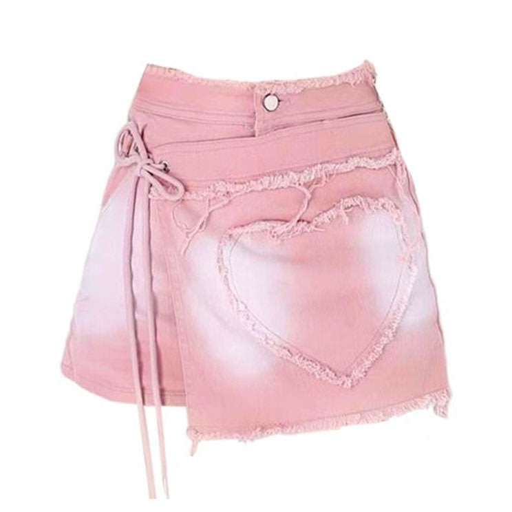 PINK DENIM WRAP MINI SKIRT WITH HEART APPLIQUÉ