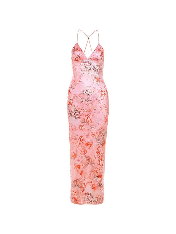 PINK FLORAL SLIP DRESS WITH UNIQUE WRAP STYLE AND HALTER BACKLESS DESIGN