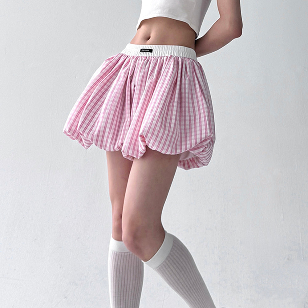 PINK GINGHAM BALLOON SKIRT FOR WOMEN
