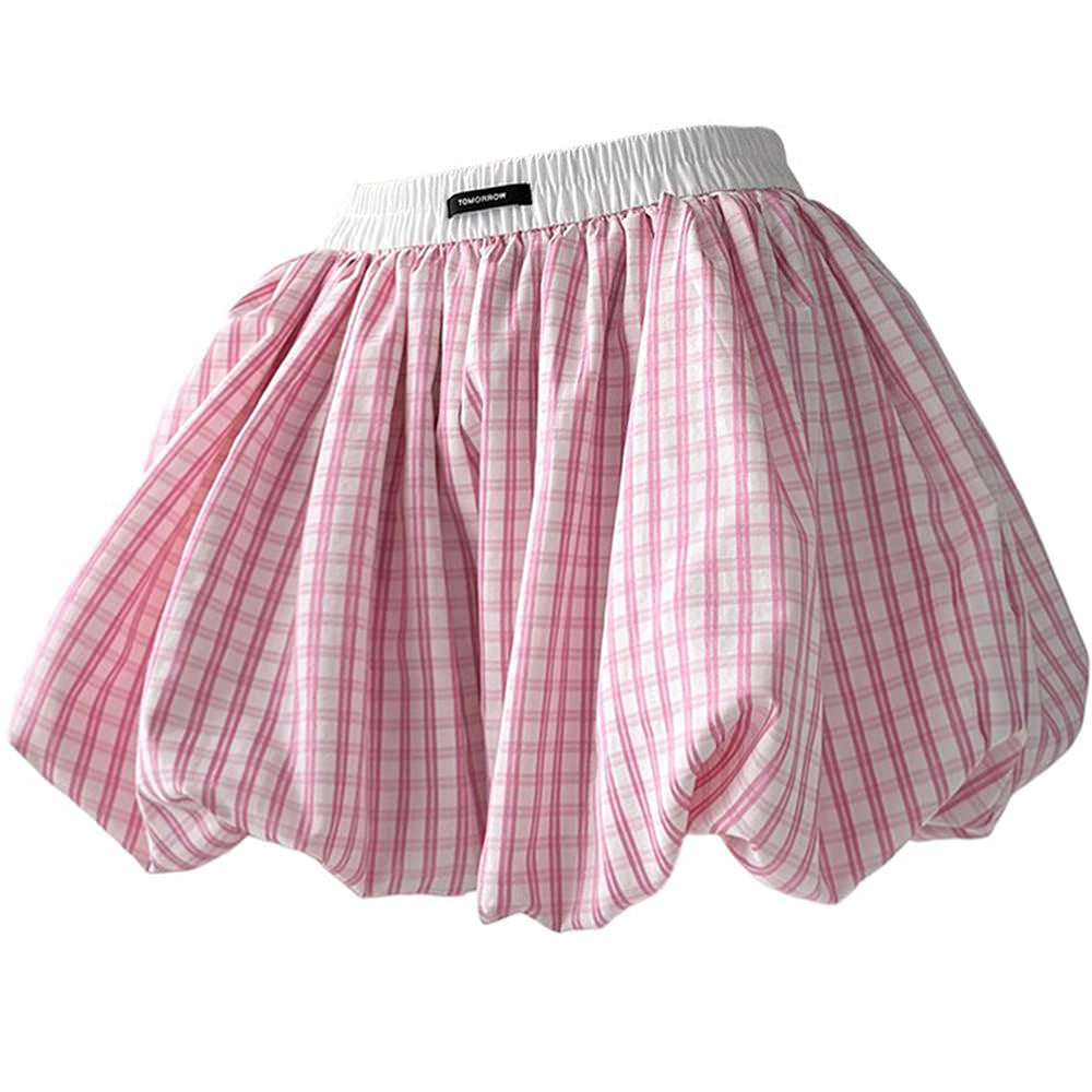 PINK GINGHAM BALLOON SKIRT FOR WOMEN