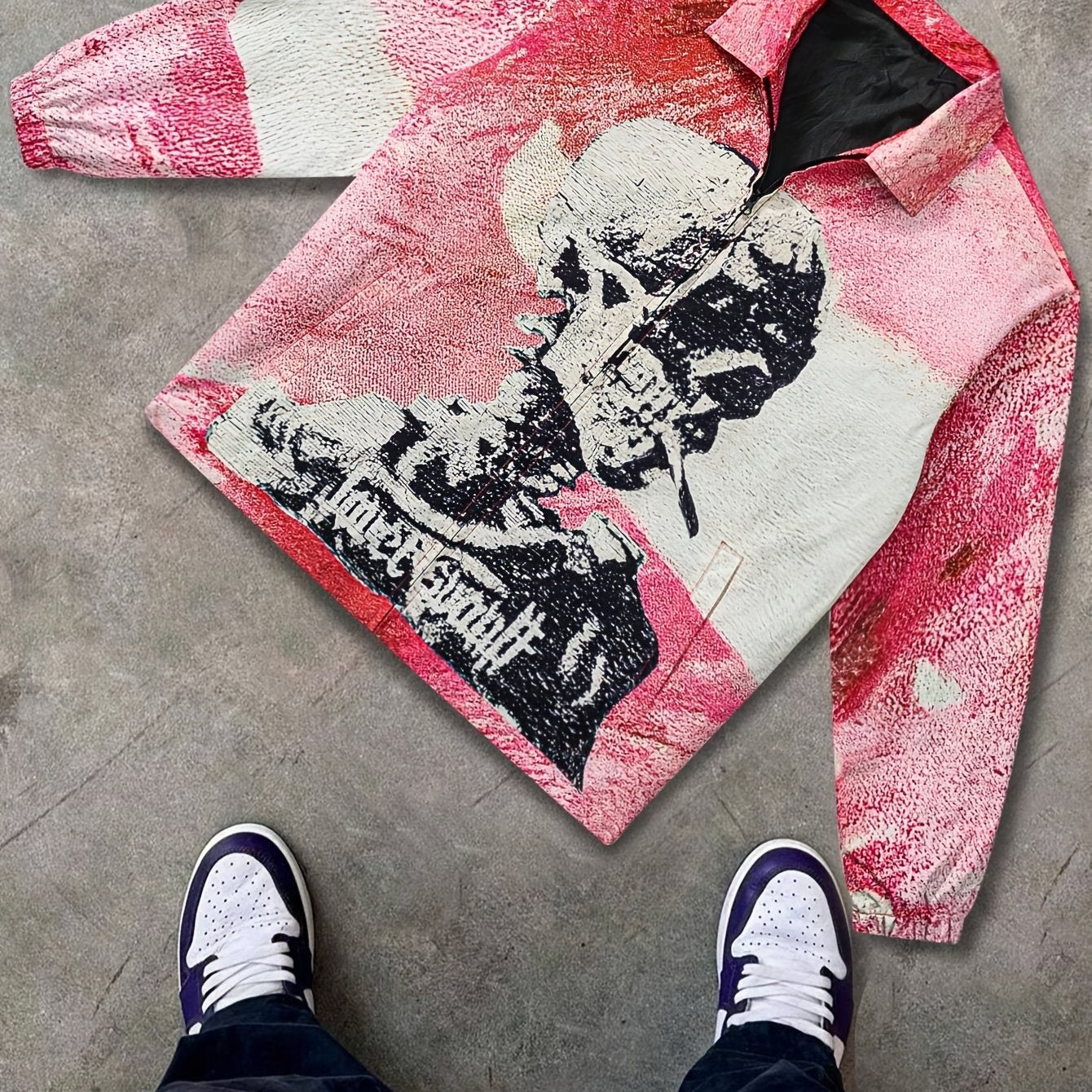 PINK JACKET WITH SMOKING SKULL GRAPHIC - Y2K PINK JACKET STYLE