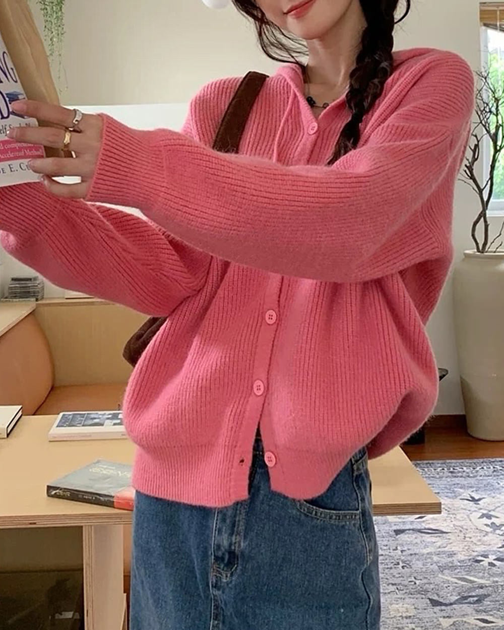 PINK KNIT HOODIE PROBLEM CHILD KNIT CARDIGAN