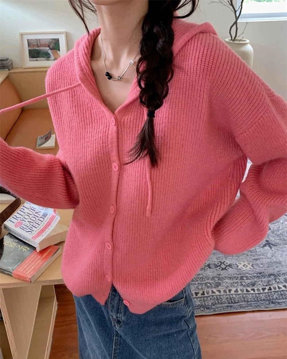 PINK KNIT HOODIE PROBLEM CHILD KNIT CARDIGAN