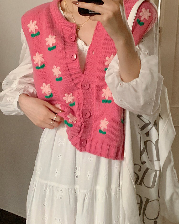 PINK KNITTED FLORAL VEST FOR WOMEN FASHION ACCESSORY