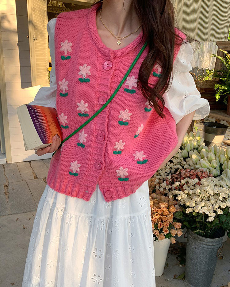 PINK KNITTED FLORAL VEST FOR WOMEN FASHION ACCESSORY