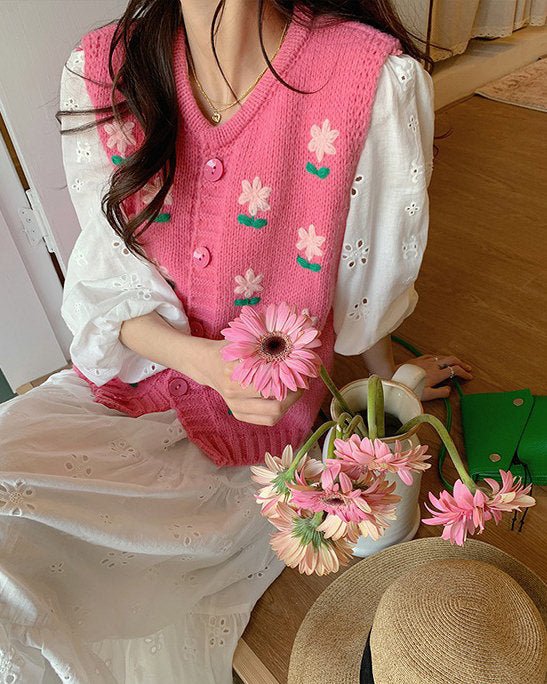 PINK KNITTED FLORAL VEST FOR WOMEN FASHION ACCESSORY