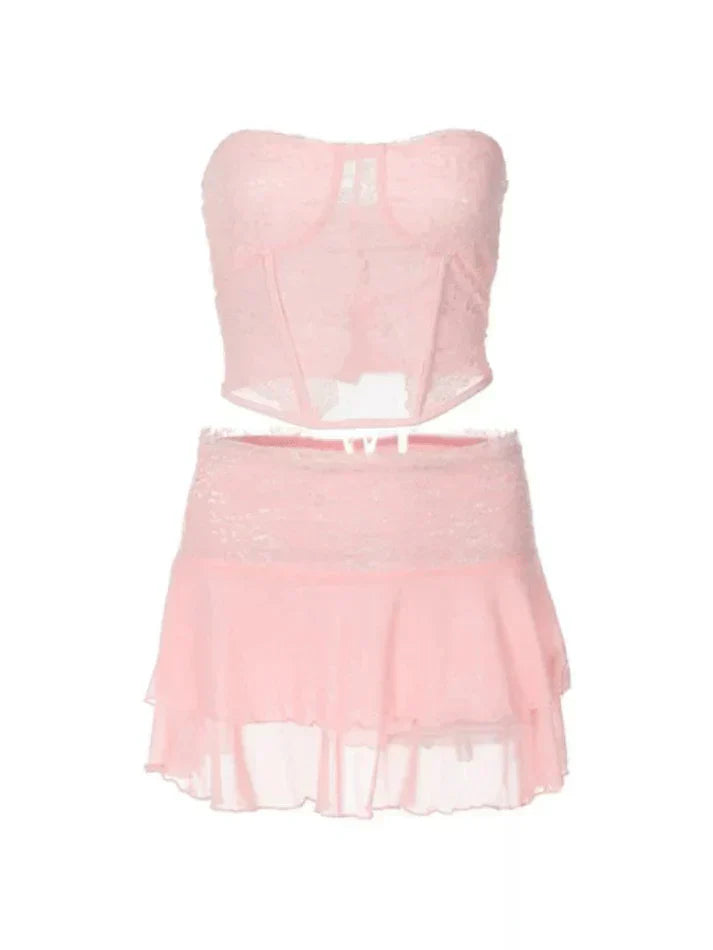 PINK LACE CORSET AND MINI SKIRT TWO PIECE SET