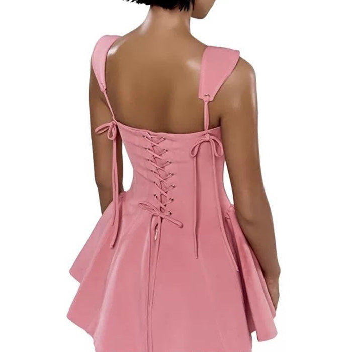 PINK MINI DRESS BOW-TIE SHOULDER STRAPS FLARED SKIRT