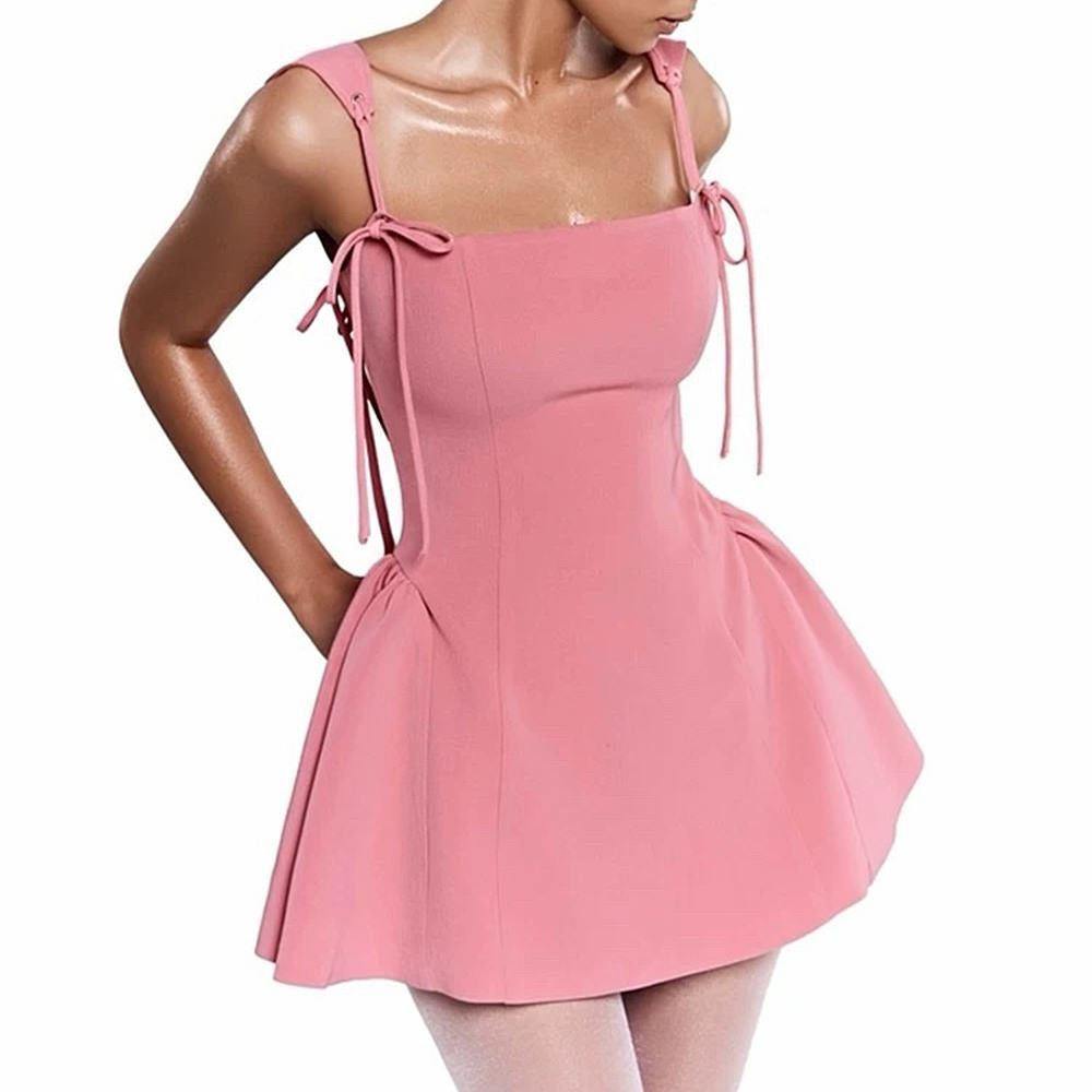 PINK MINI DRESS BOW-TIE SHOULDER STRAPS FLARED SKIRT