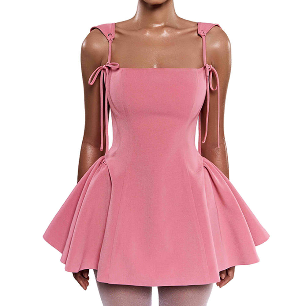 PINK MINI DRESS BOW-TIE SHOULDER STRAPS FLARED SKIRT