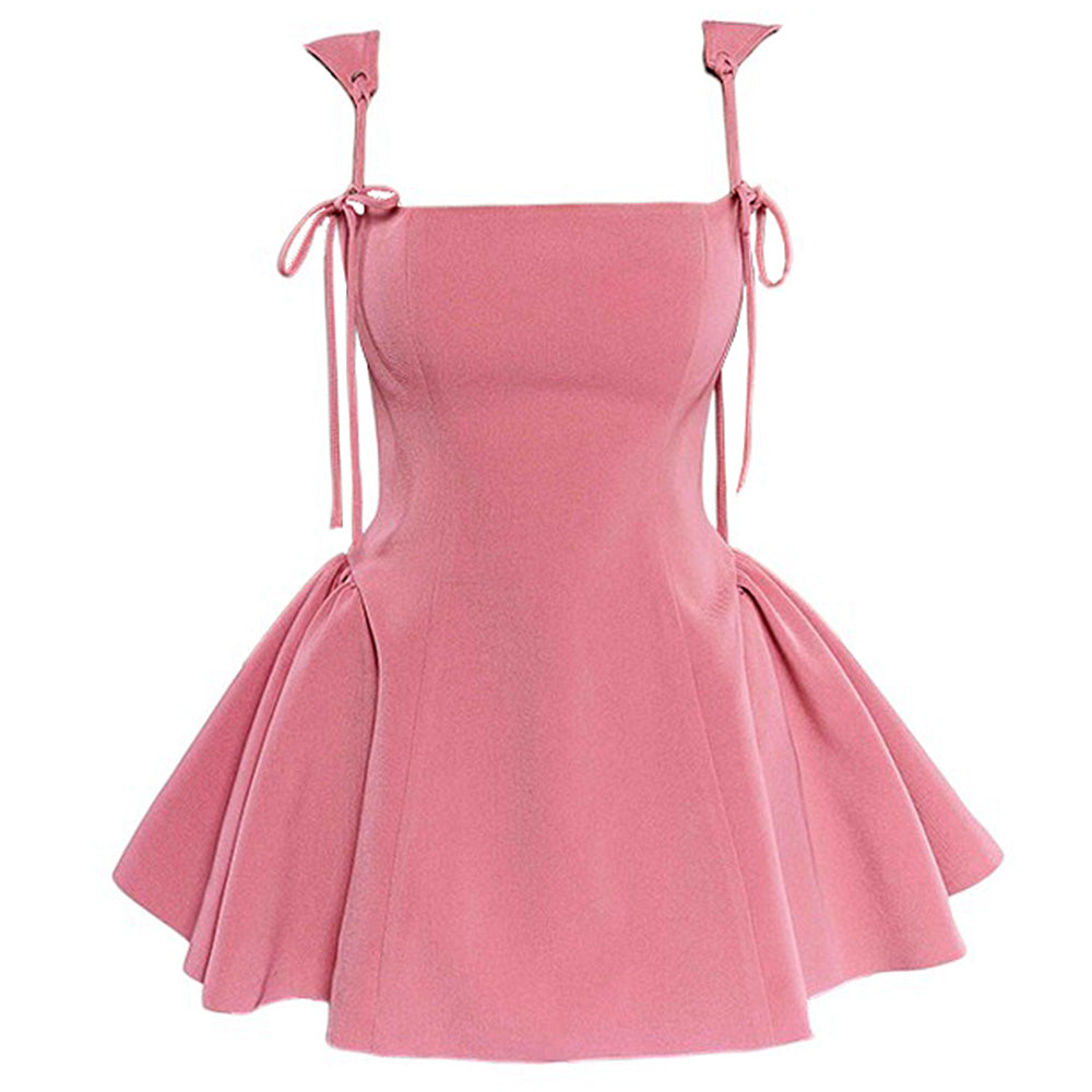 PINK MINI DRESS BOW-TIE SHOULDER STRAPS FLARED SKIRT
