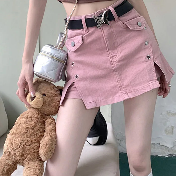 PINK MINI SKIRT WITH BLACK BELT