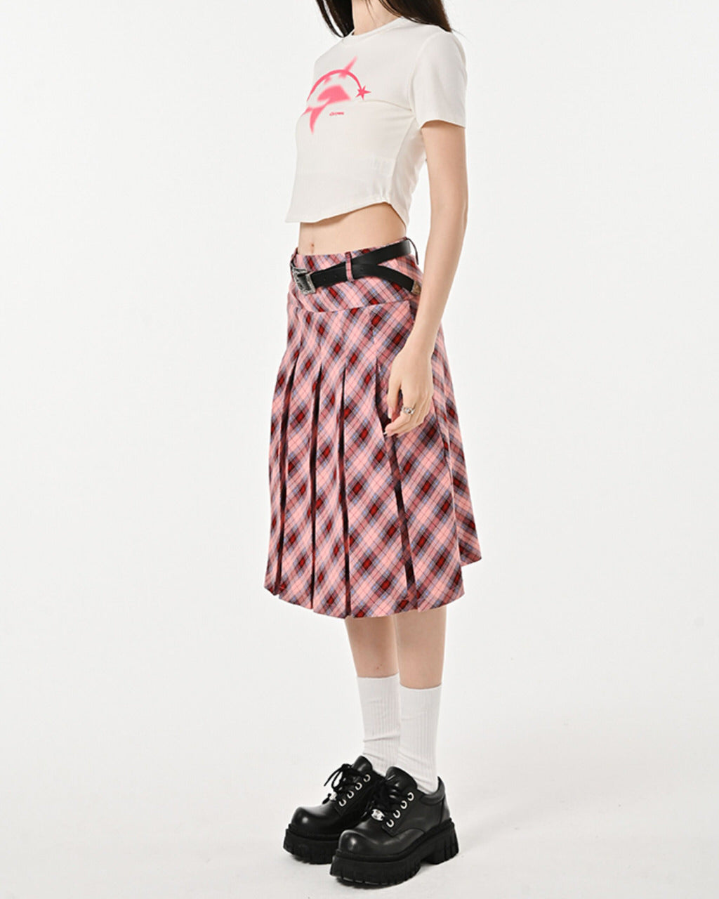 PINK PLAID KILT SKIRT PLEATED MINI KILT