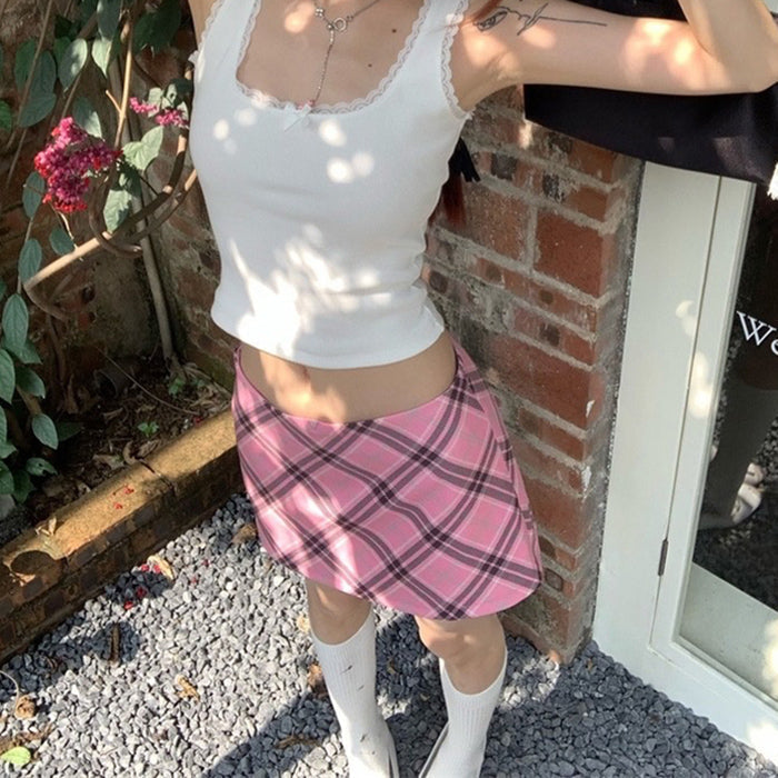 PINK PLAID MINI SKIRT WITH BLACK BELT FOR WOMEN