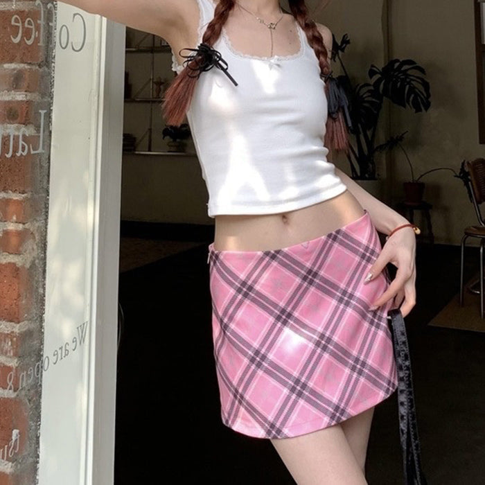 PINK PLAID MINI SKIRT WITH BLACK BELT FOR WOMEN